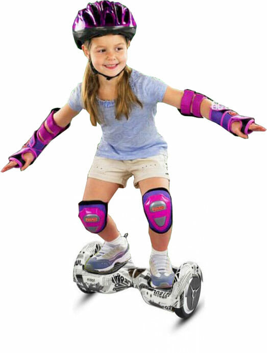 Well-equipped kid riding hoverboard with helmet and pads Well-equipped kid riding hoverboard with helmet and pads